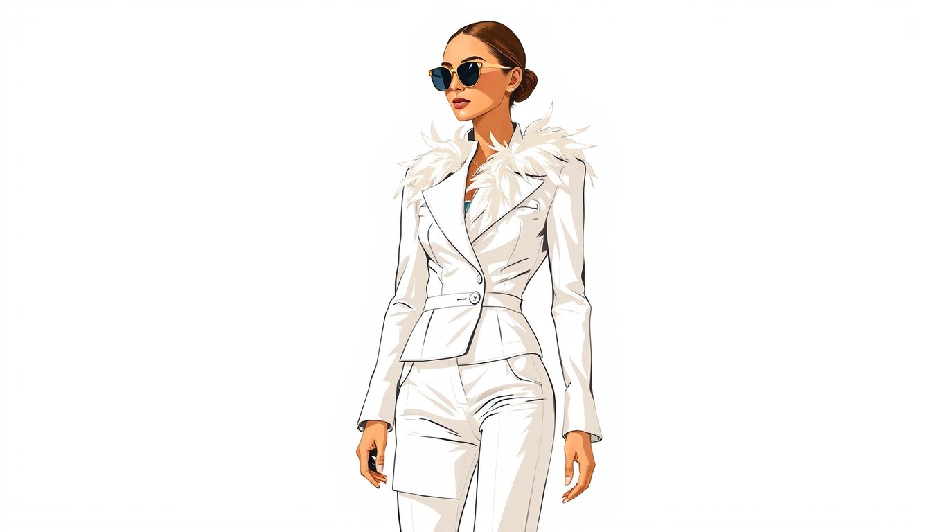 Brooks Nader Dazzles in All-White Ensemble Featuring Luxurious Feathered Ferragamo Accents
